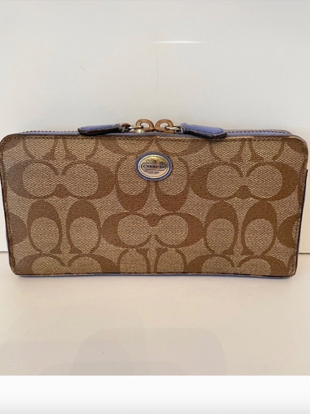 Coach Canvas Signature Double Zip Blue Leather Accordion Long Wallet